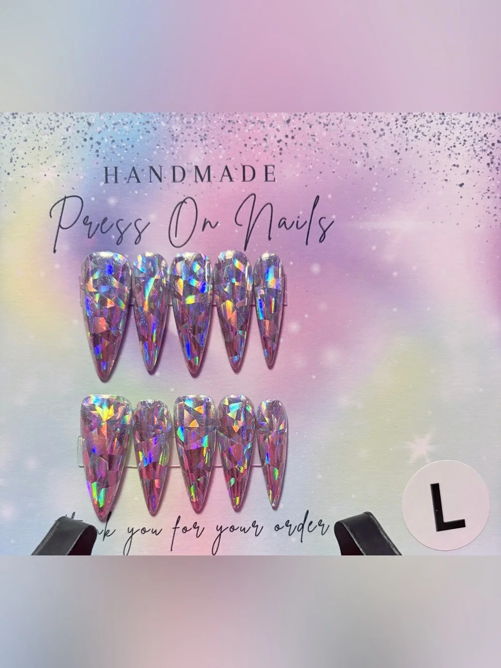 Handmade Holographic Pink Press-On Nails - Sparkling Stiletto Set